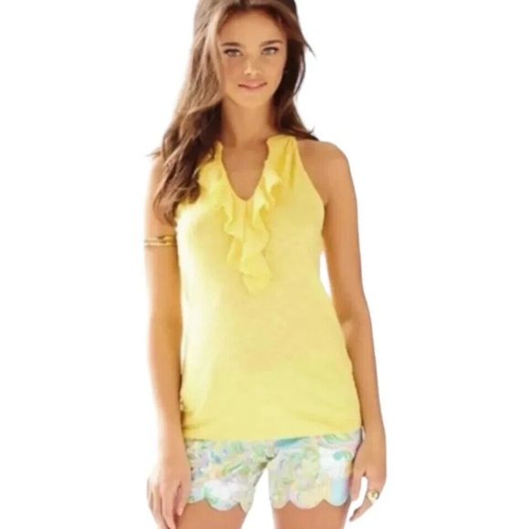 Lilly Pulitzer Pima Cotton Ruffle Neck Tank Yellow Size Small - Picture 1 of 7